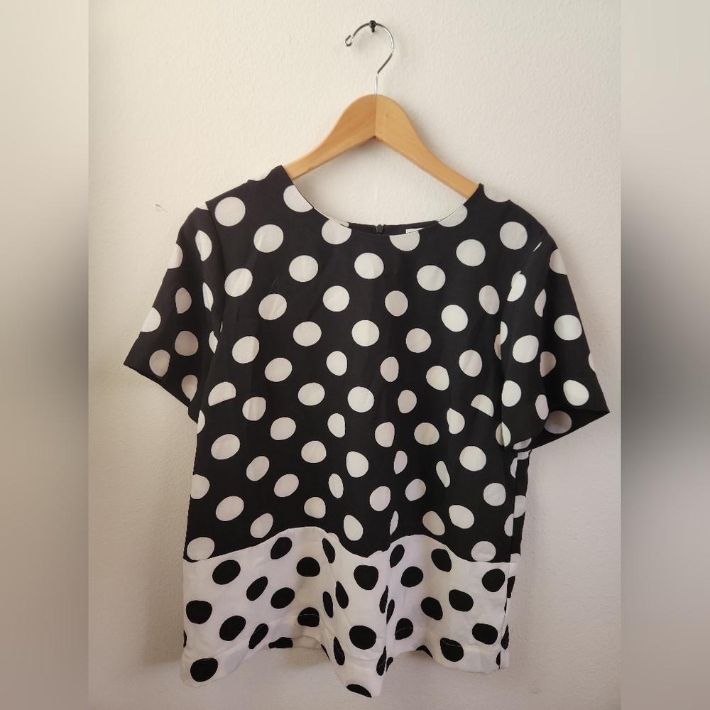 NWT Daniel Rainn Polkadot Short Sleeve Blouse Black White Large